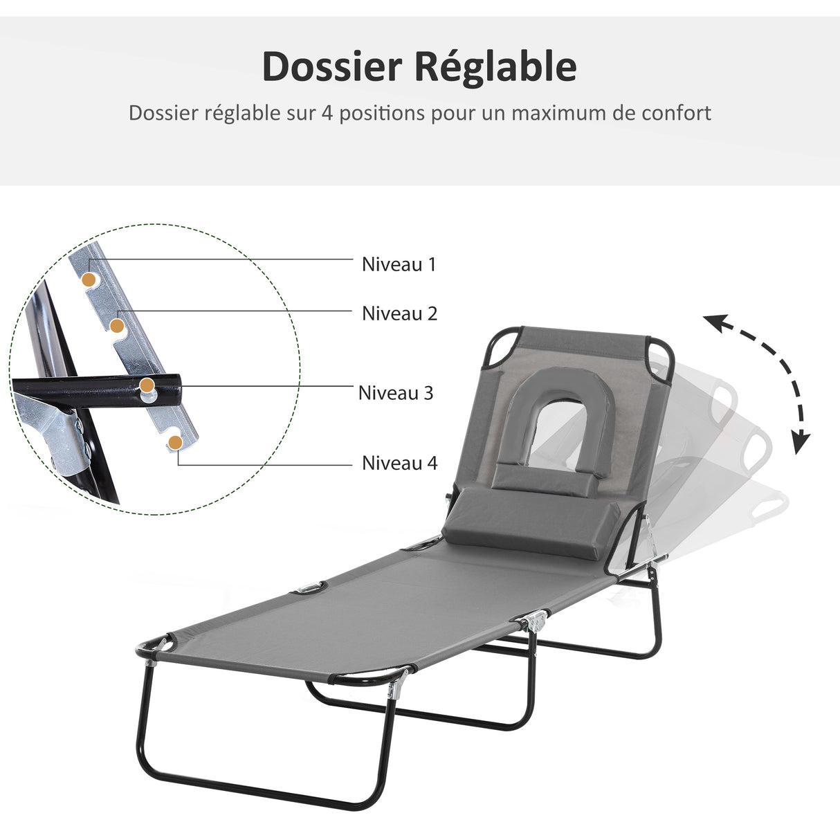 Steel Folding Sun Lounger With Face Hole And 4-Position Adjustable Backrest - Velmora