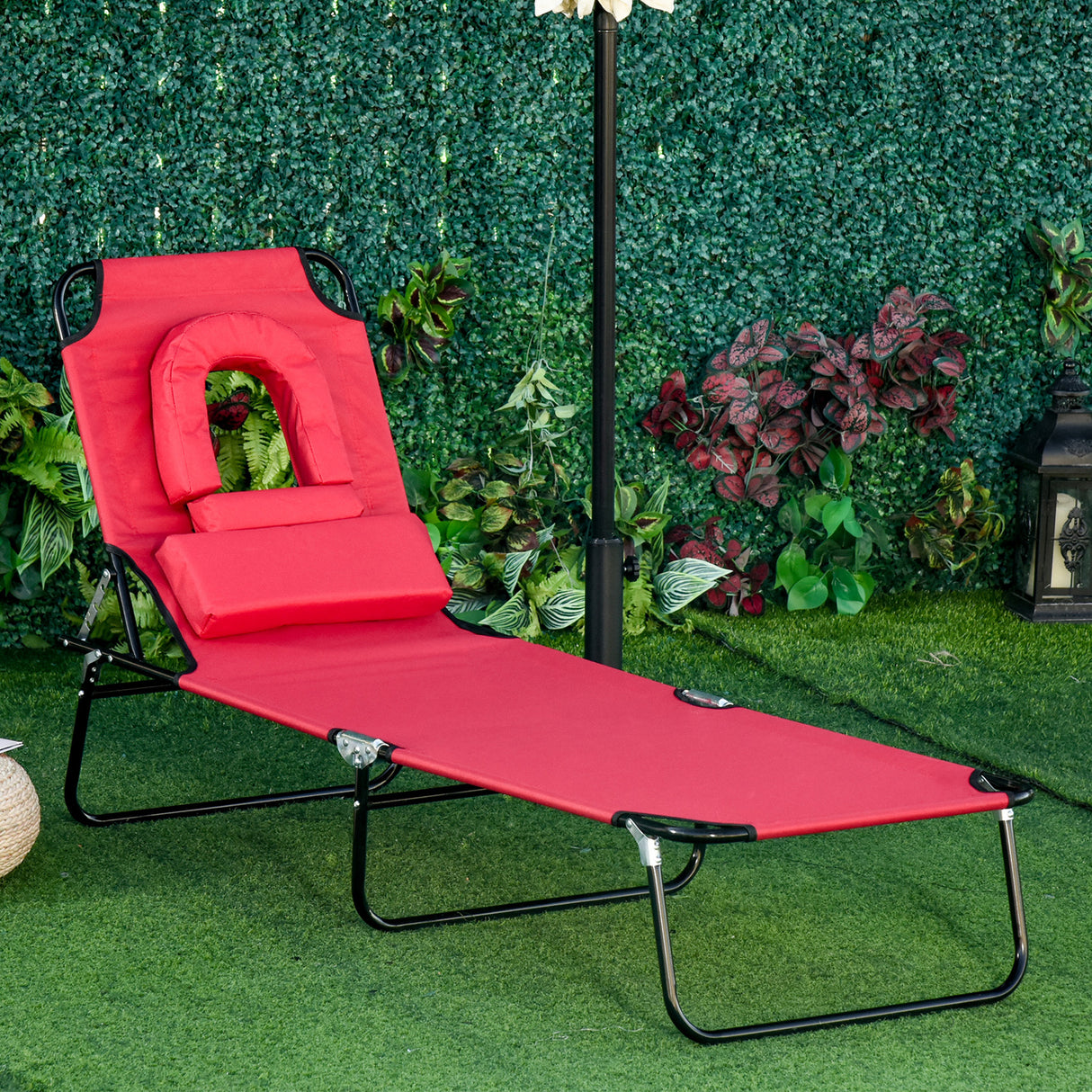 Steel Folding Sun Lounger With Face Hole And 4-Position Adjustable Backrest - Velmora