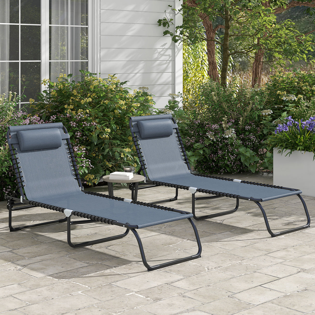 Steel Folding Sun Lounger in Set of 2 With 4-Position Backs - Velmora