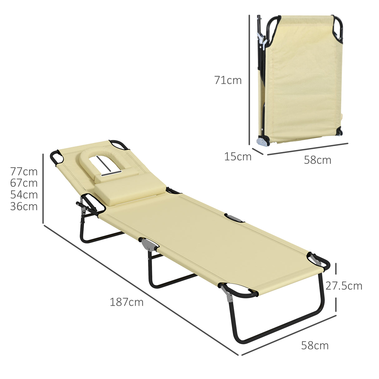Steel Folding Sun Lounger in Set of 2 With Face Hole And 4-Position Adjustable Backrest - Velmora