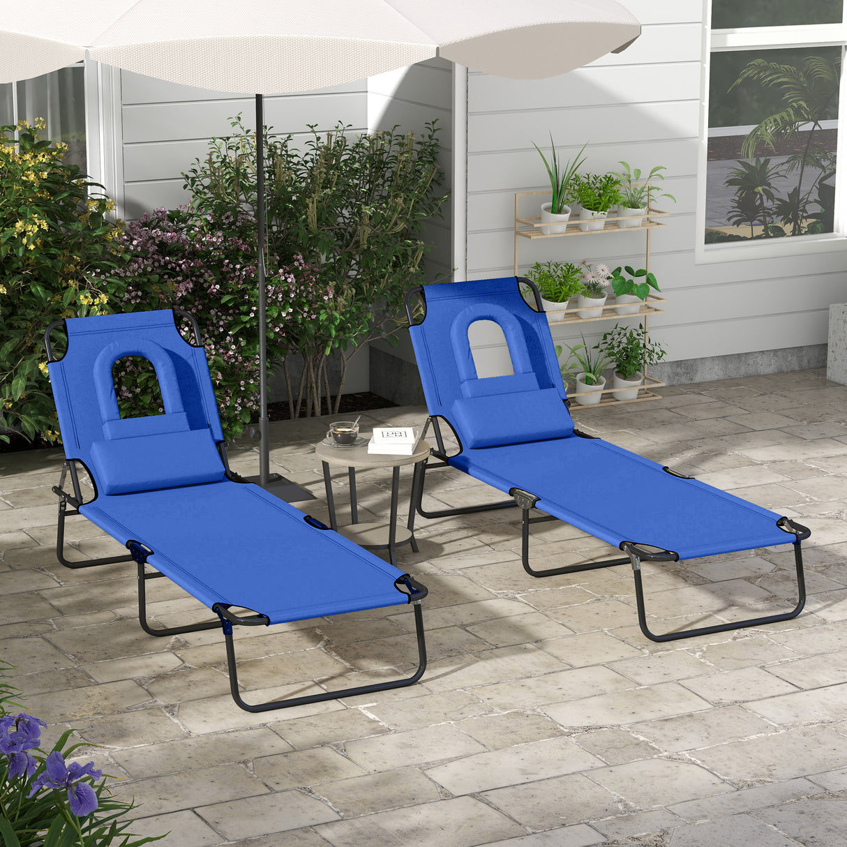 Steel Folding Sun Lounger in Set of 2 With Face Hole And 4-Position Adjustable Backrest - Velmora