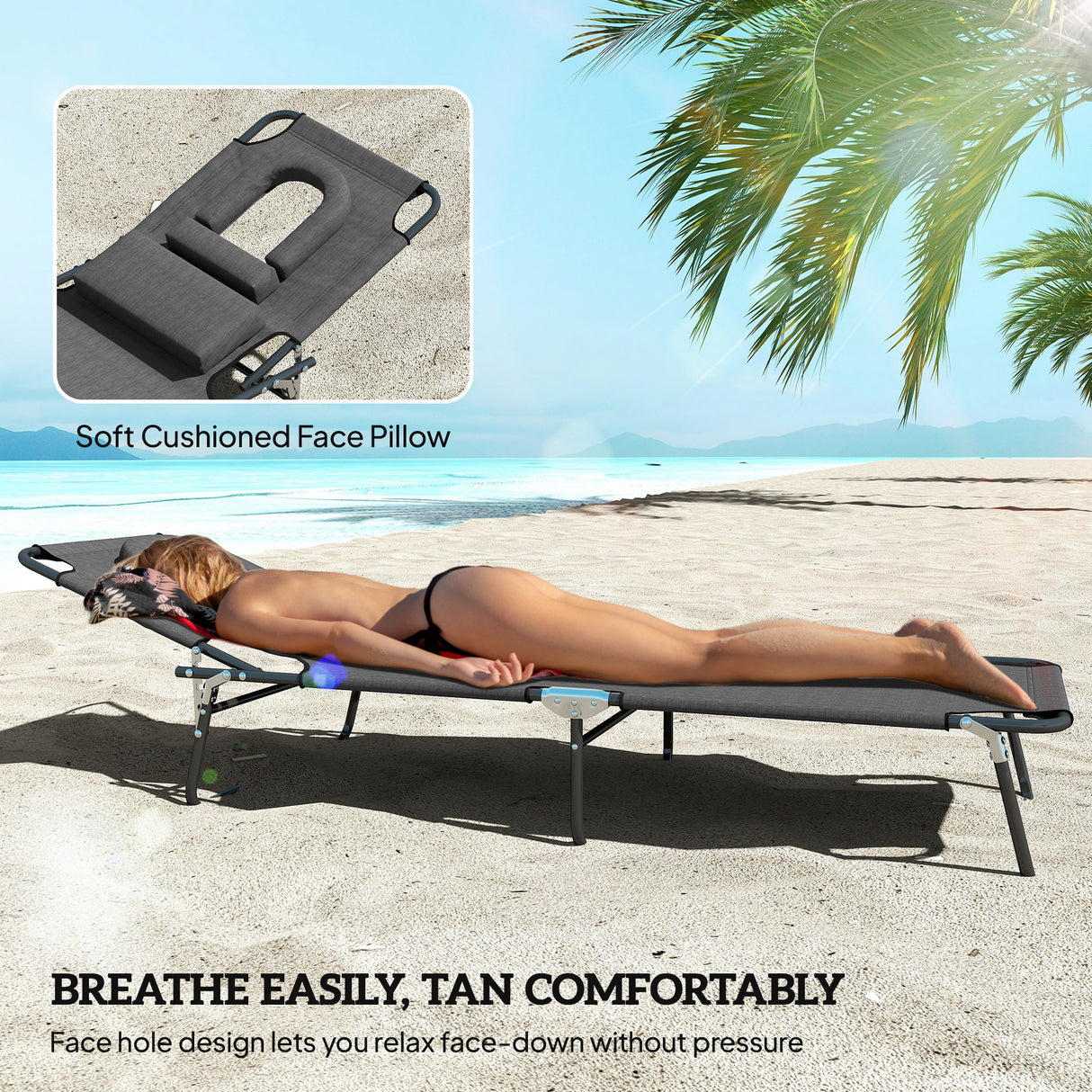 Steel Folding Sun Lounger in Set of 2 With Face Hole And 4-Position Adjustable Backrest - Velmora