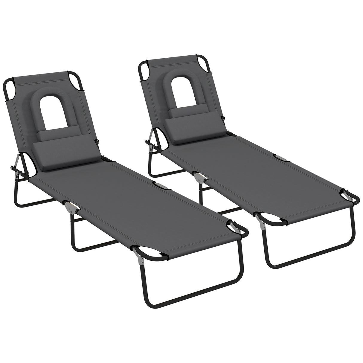 Steel Folding Sun Lounger in Set of 2 With Face Hole And 4-Position Adjustable Backrest - Velmora