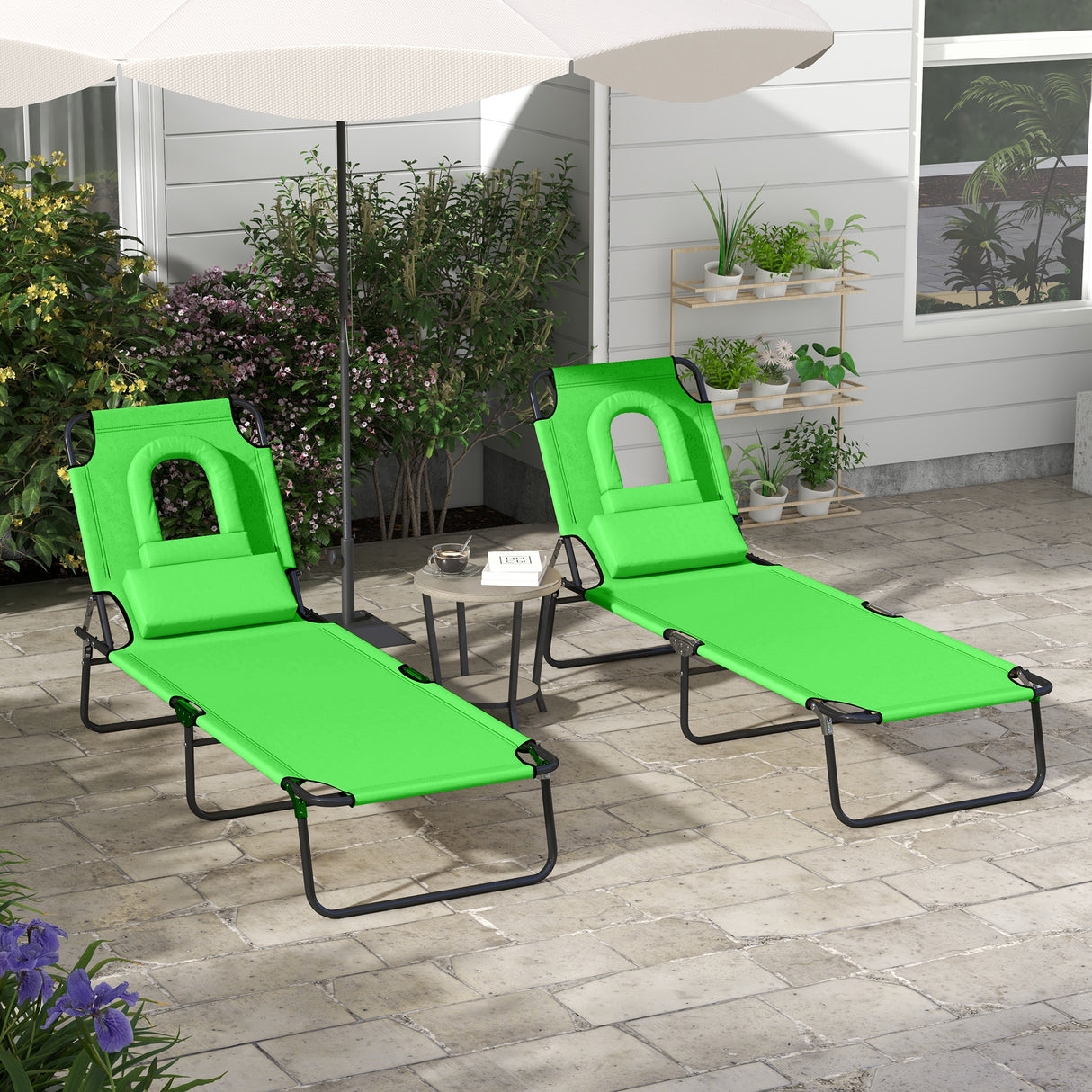 Steel Folding Sun Lounger in Set of 2 With Face Hole And 4-Position Adjustable Backrest - Velmora
