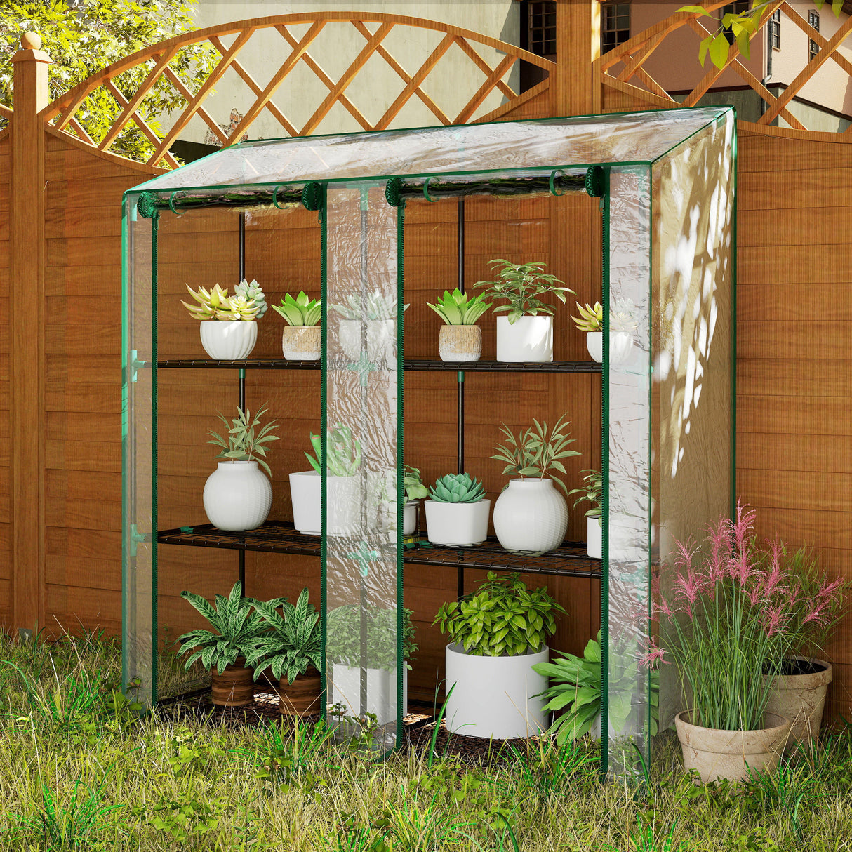 Steel Frame Garden Greenhouse 143cm Wide With 6 Shelves - Velmora