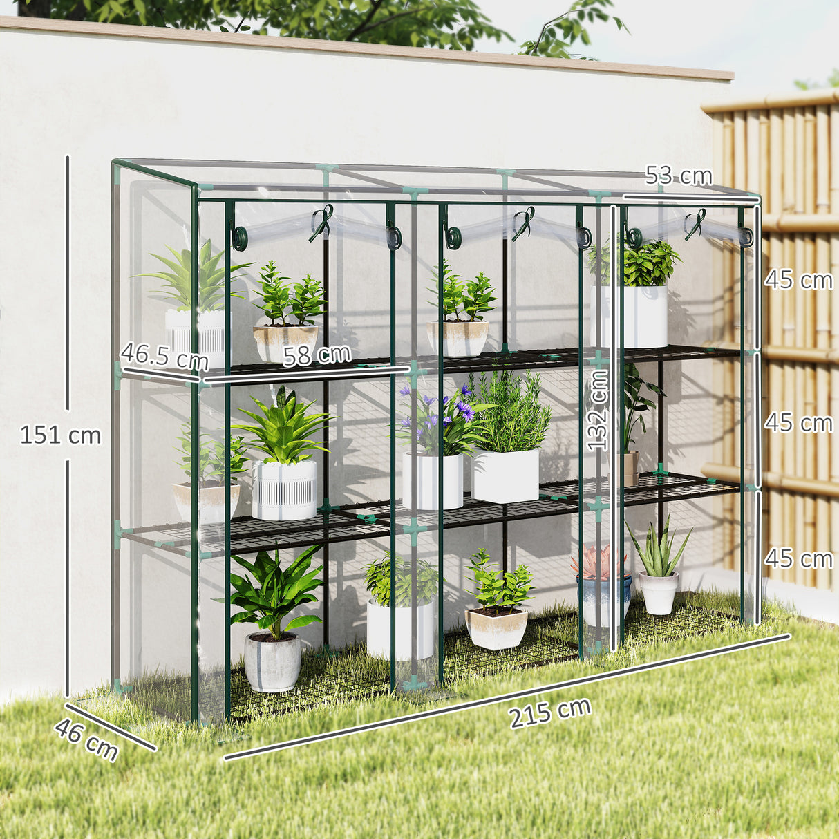 Steel Frame Garden Greenhouse 215cm Wide With 9 Shelves - Velmora