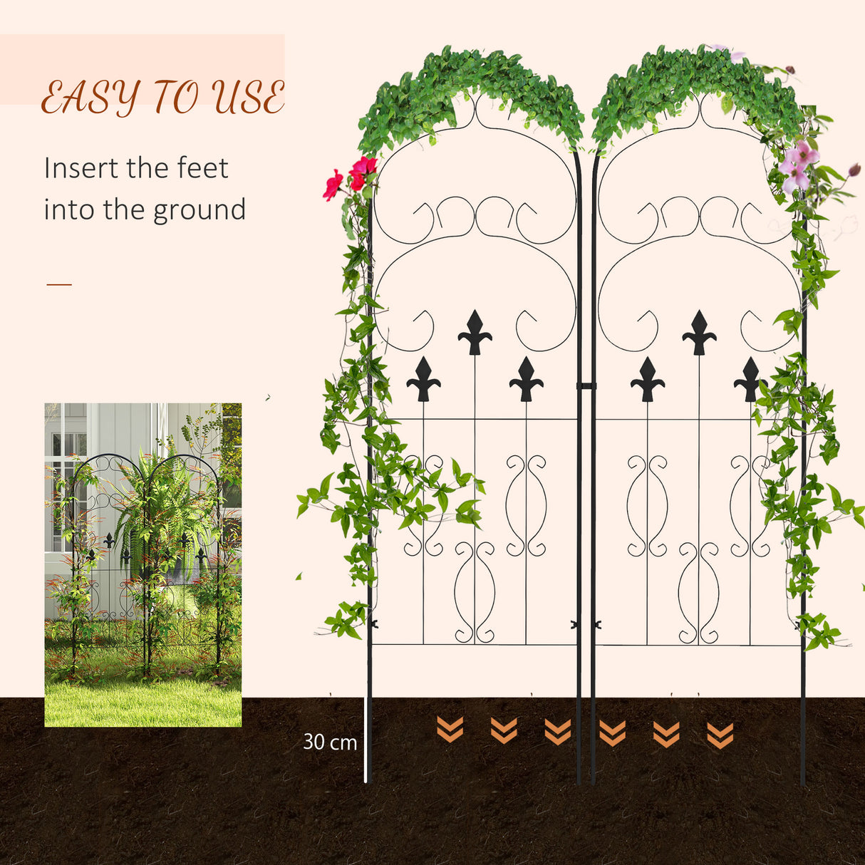 Steel Garden Trellis 50cm Wide in Set Of 2 Scrolls Design - Velmora