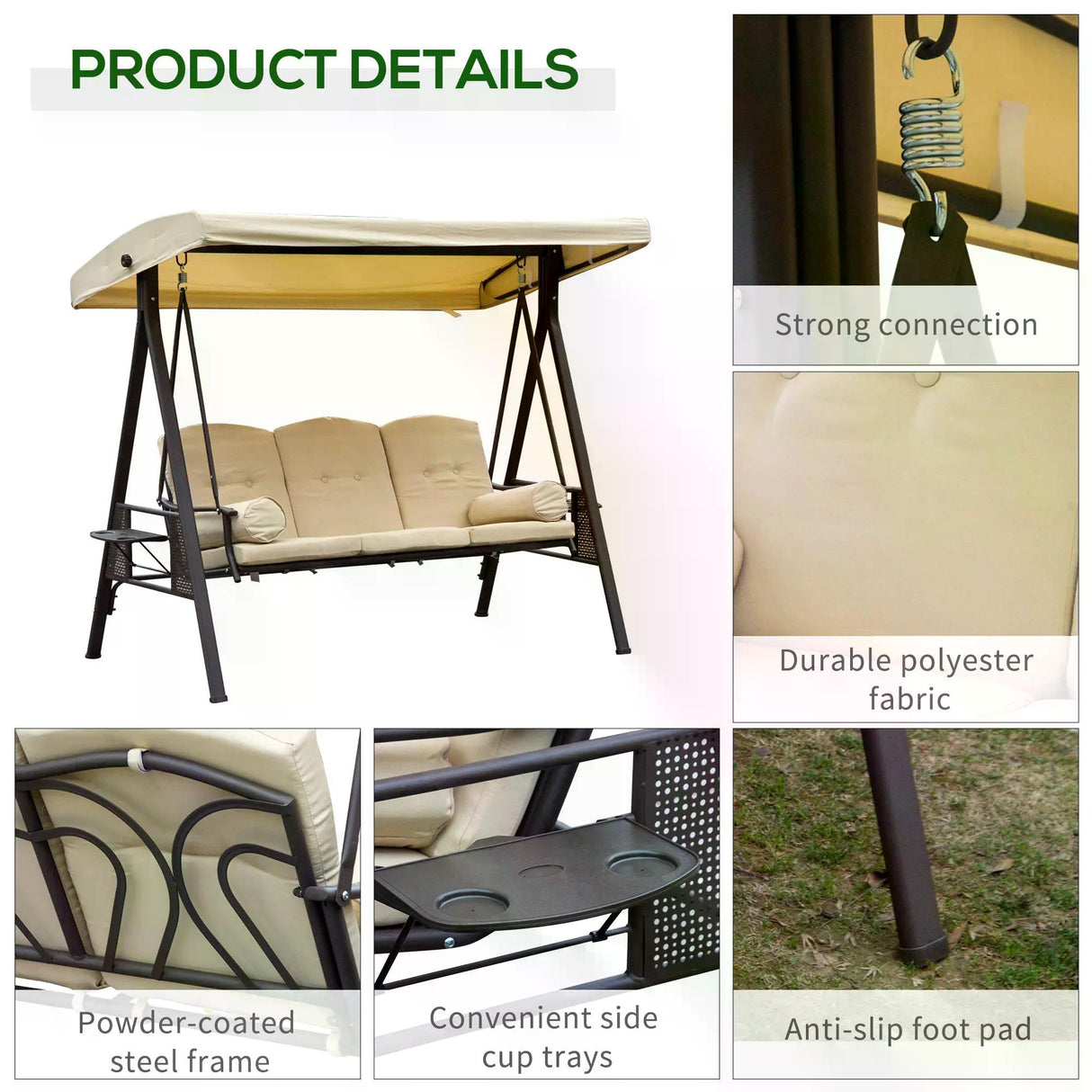 Steel Hammock 3 Seater Swing Chair With Canopy Cushion Shelter - Velmora