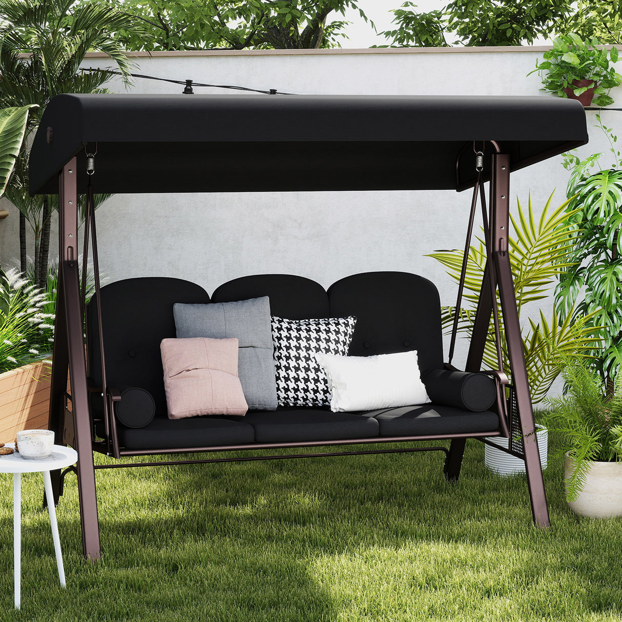 Steel Hammock 3 Seater Swing Chair With Canopy Cushion Shelter - Velmora