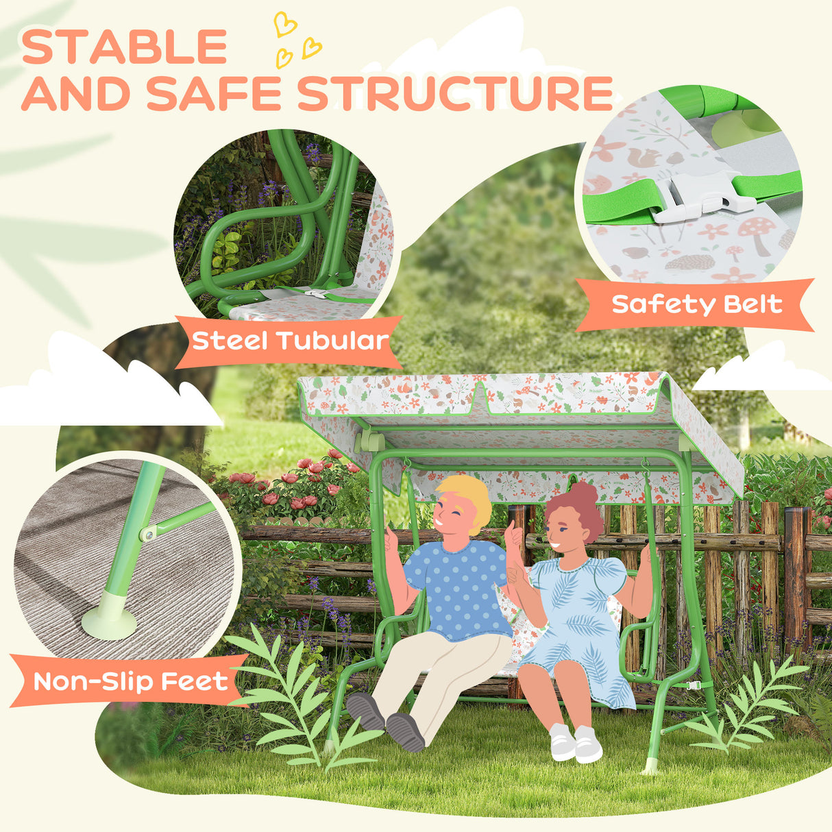 Steel Kids 2 Seater Garden Swing Chair With Adjustable Canopy And Safety Belt - Velmora