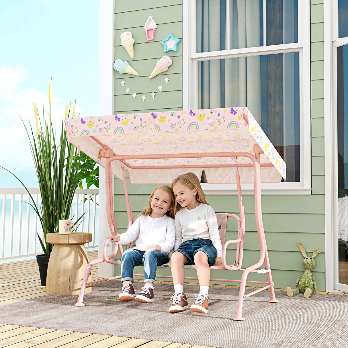 Steel Kids 2 Seater Garden Swing Chair With Adjustable Canopy And Safety Belt - Velmora