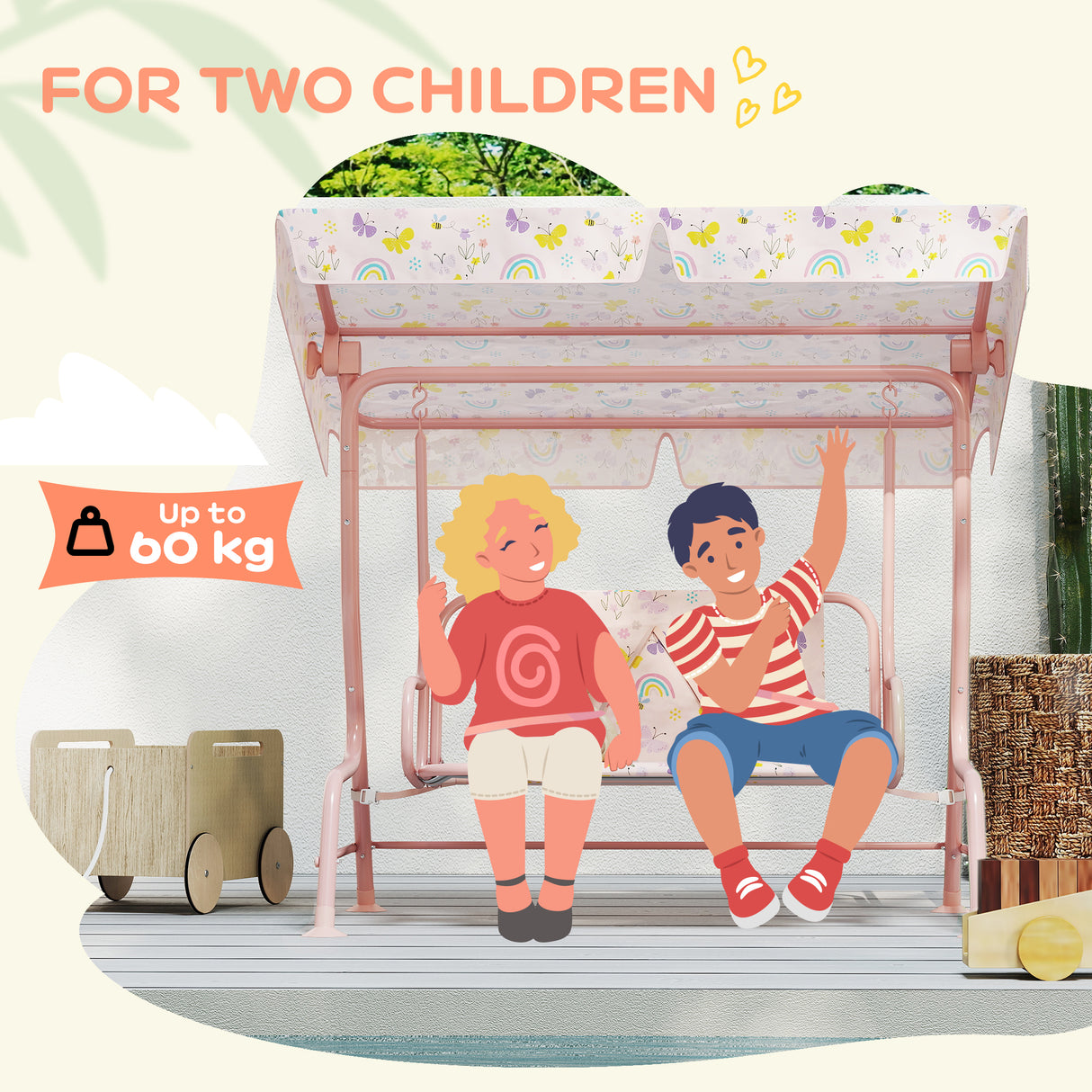 Steel Kids 2 Seater Garden Swing Chair With Adjustable Canopy And Safety Belt - Velmora