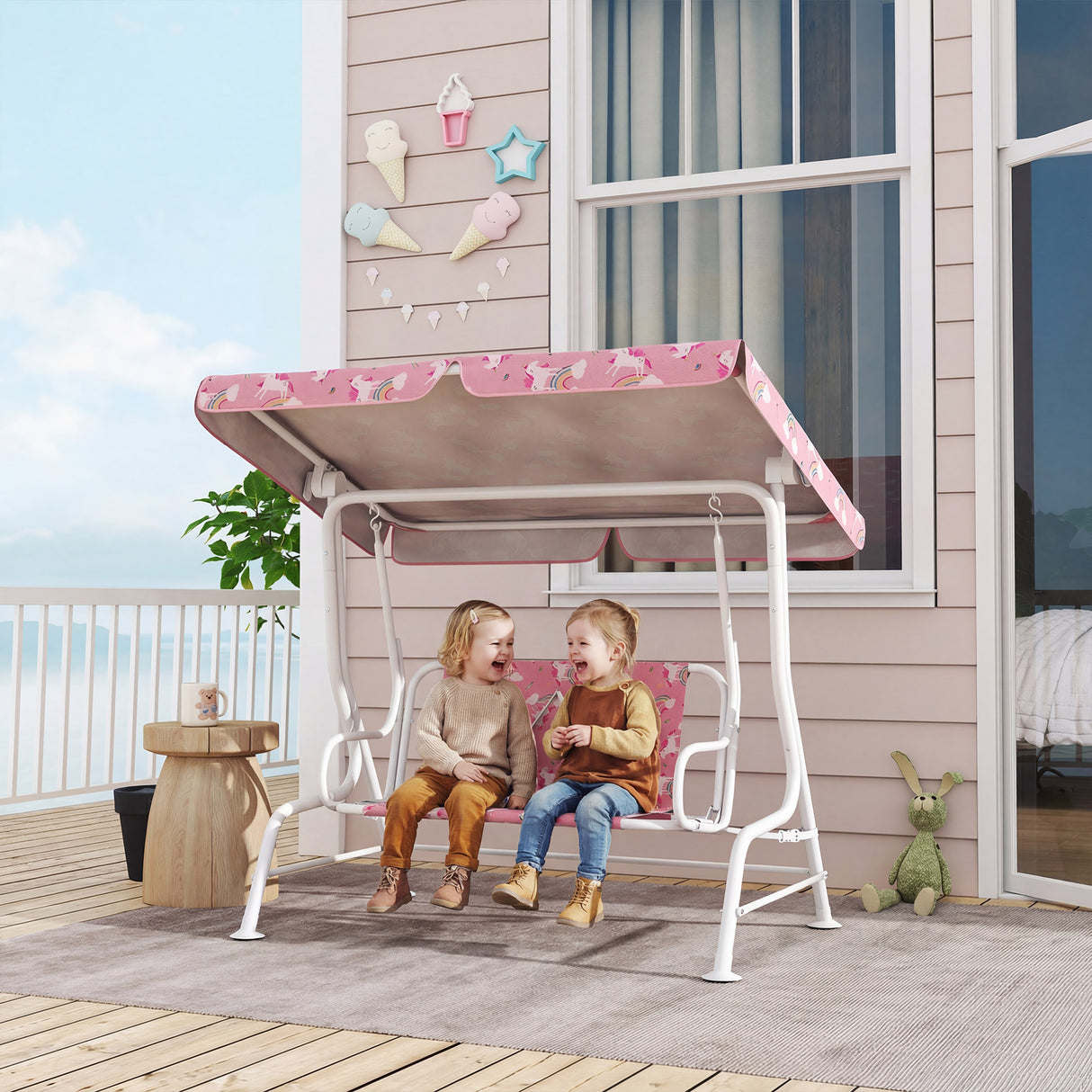 Steel Kids 2 Seater Garden Swing Chair With Adjustable Canopy And Safety Belt - Velmora