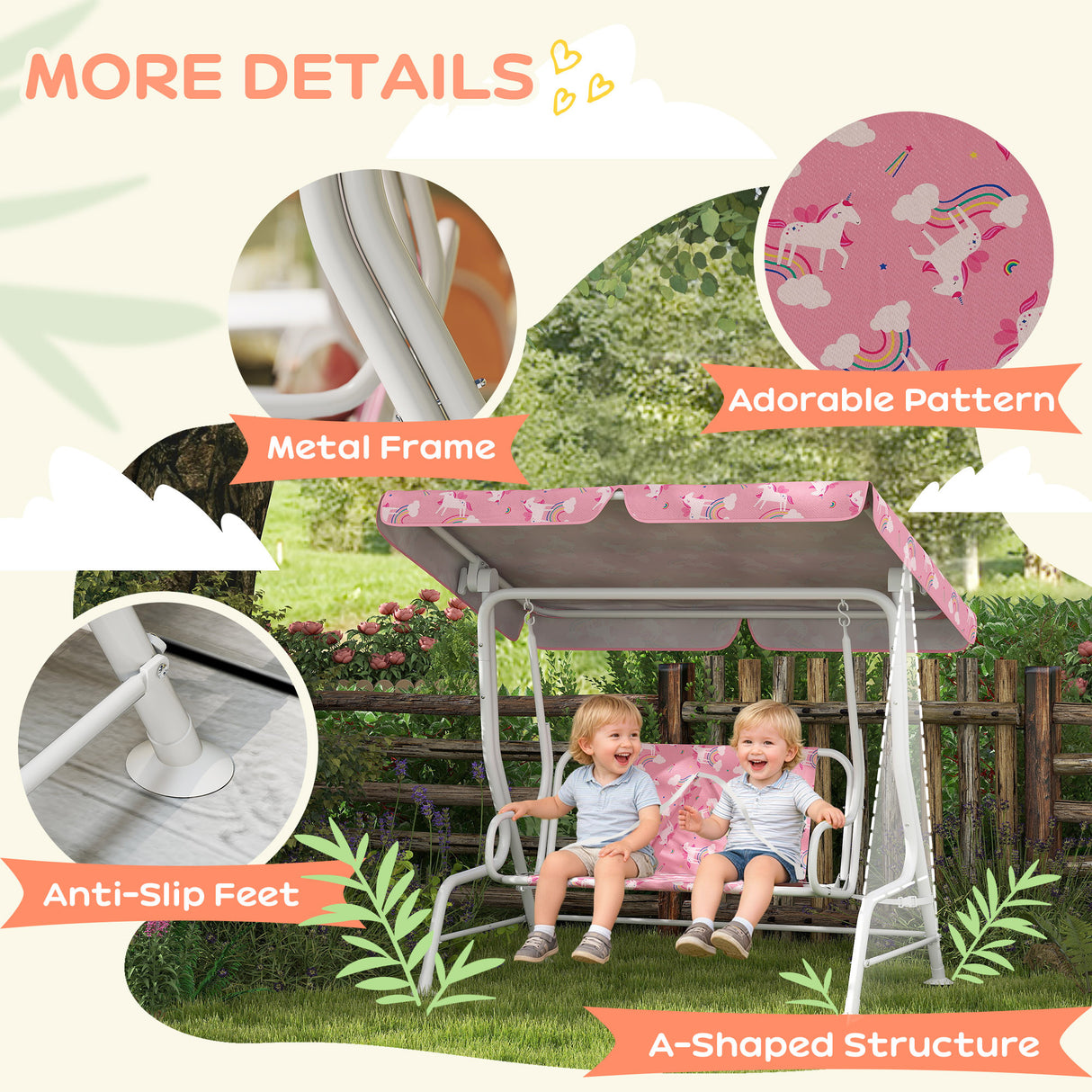 Steel Kids 2 Seater Garden Swing Chair With Adjustable Canopy And Safety Belt - Velmora