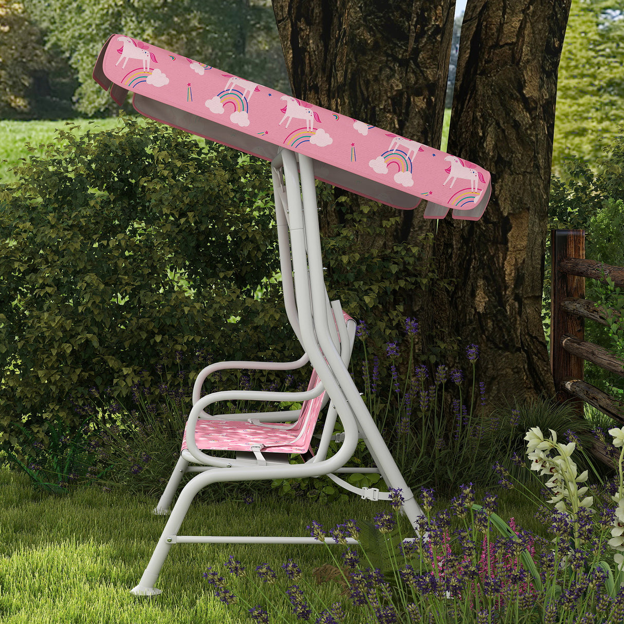 Steel Kids 2 Seater Garden Swing Chair With Adjustable Canopy And Safety Belt - Velmora