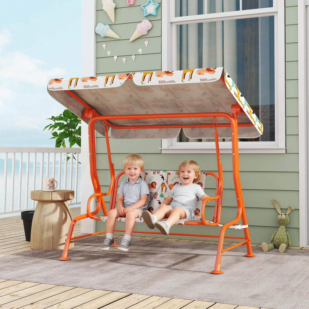 Steel Kids 2 Seater Garden Swing Chair With Adjustable Canopy And Safety Belt - Velmora