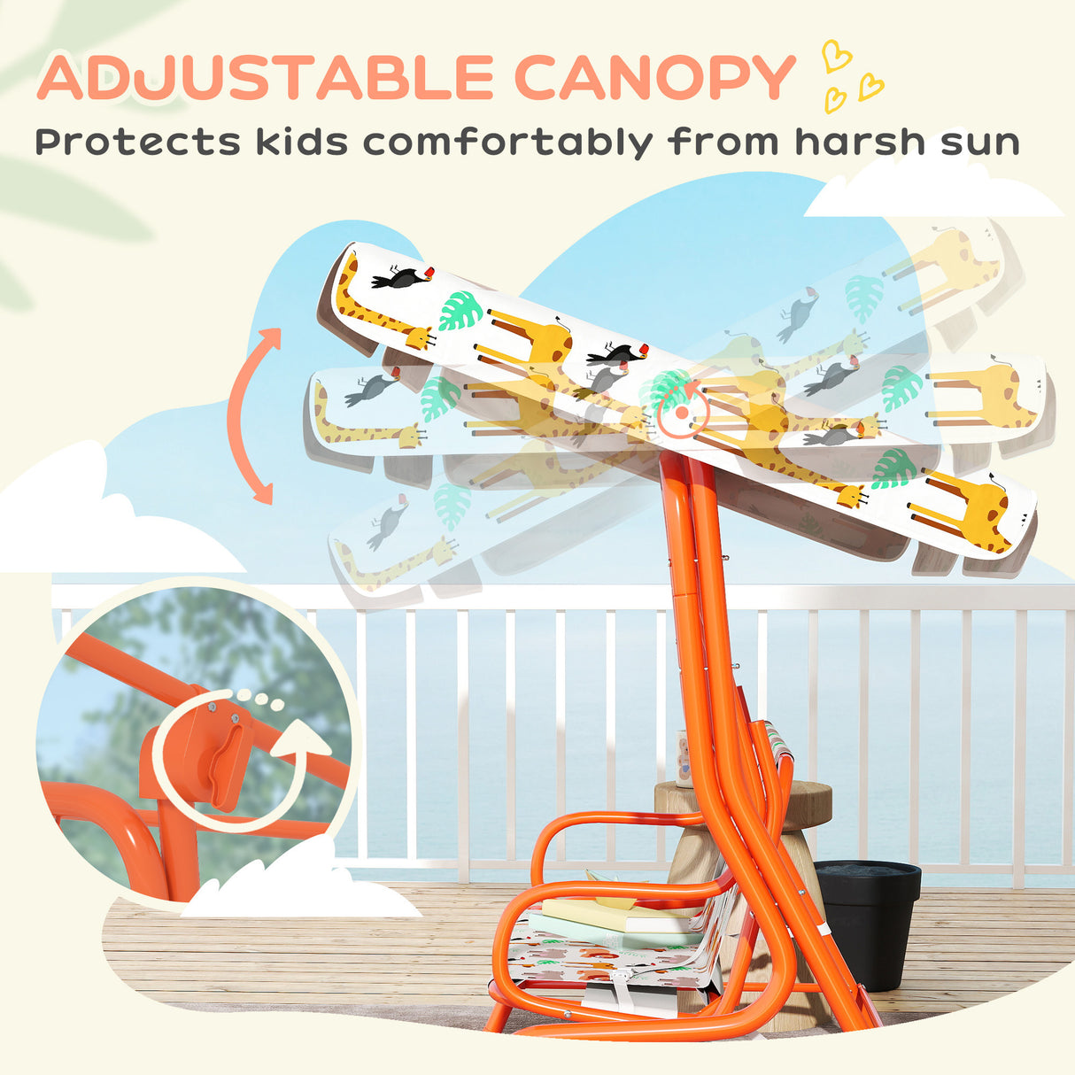 Steel Kids 2 Seater Garden Swing Chair With Adjustable Canopy And Safety Belt - Velmora