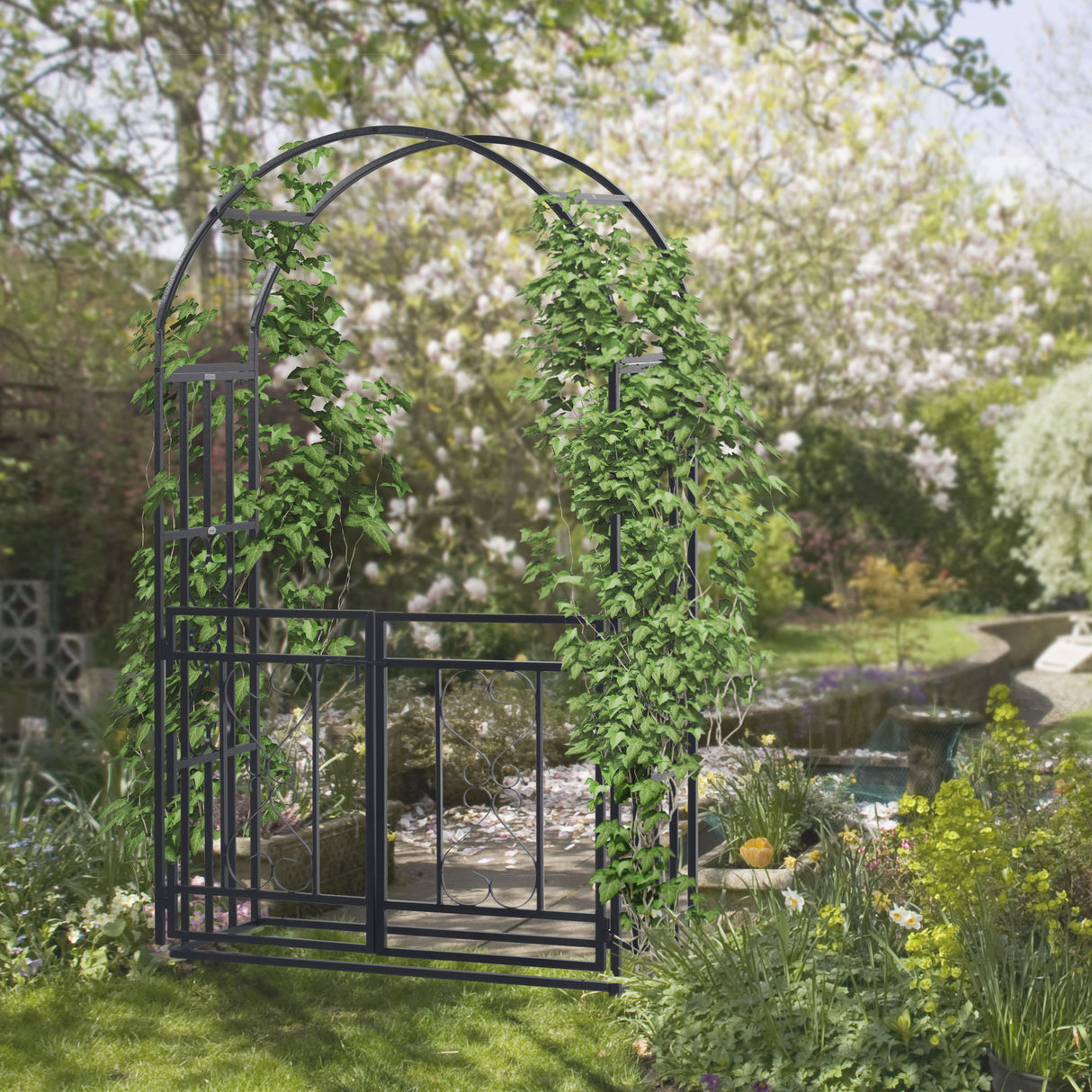 Steel Outdoor Garden Arch Trellis With Gate 206cm High - Velmora