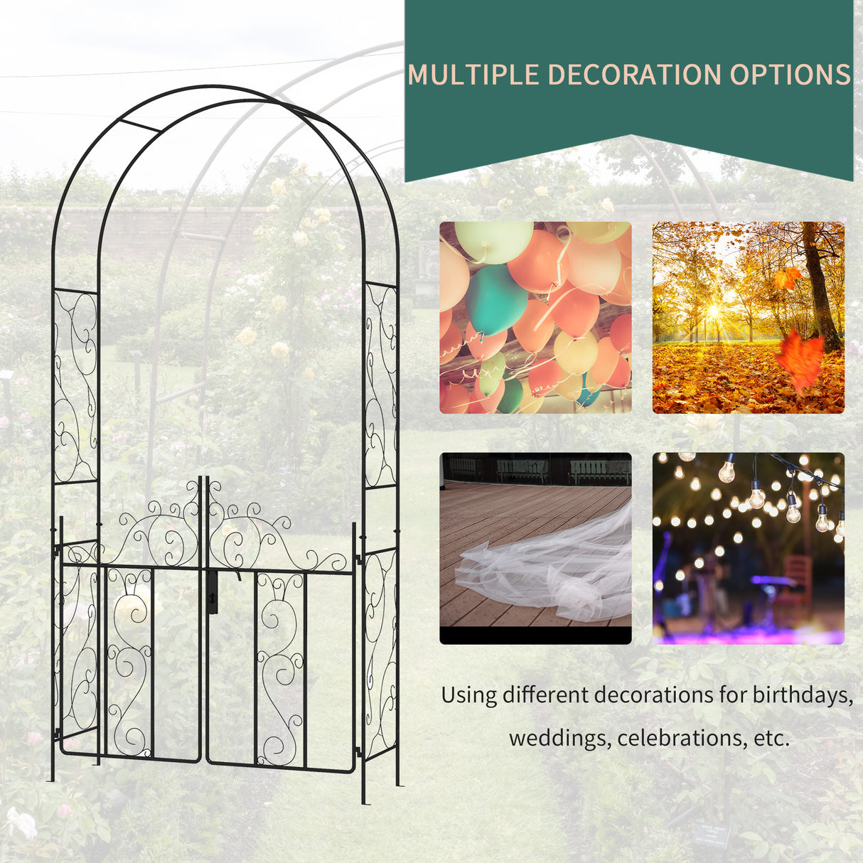Steel Outdoor Garden Arch Trellis With Gate 227cm High - Velmora