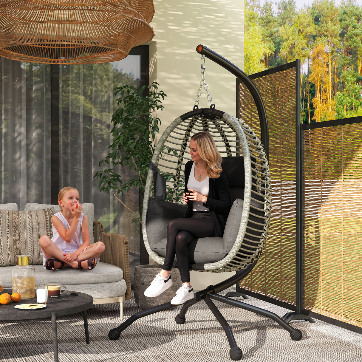 Steel Outdoor Swing Chair With Metal Stand And Thick Padded Cushion - Velmora