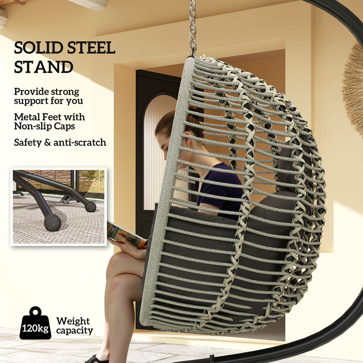 Steel Outdoor Swing Chair With Metal Stand And Thick Padded Cushion - Velmora