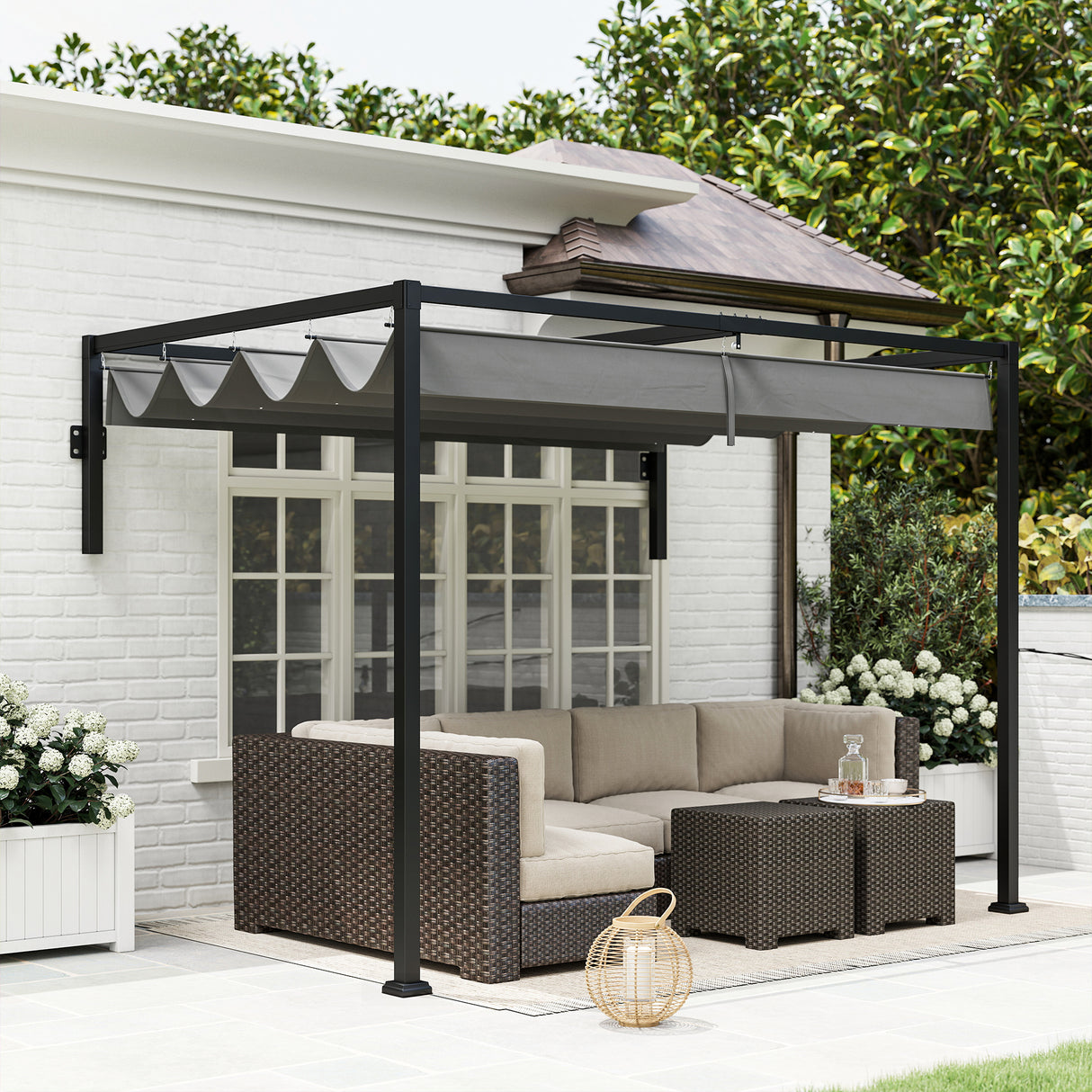 Steel Pergola With Retractable Canopy 297cm Width x 211cm Depth - Velmora