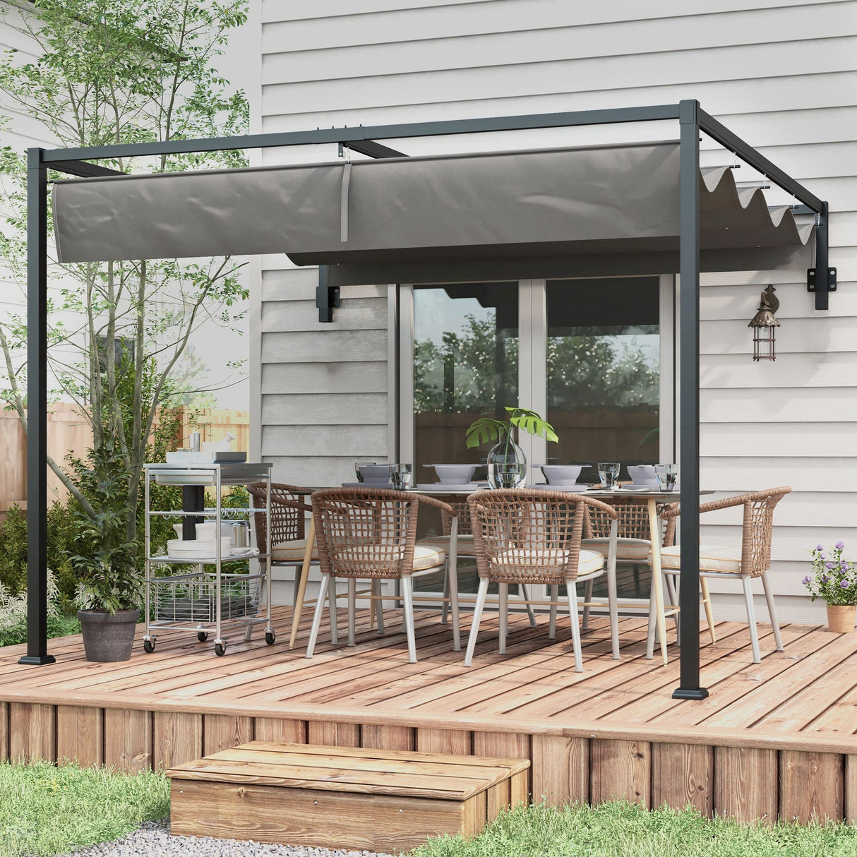 Steel Pergola With Retractable Canopy 297cm Width x 211cm Depth - Velmora