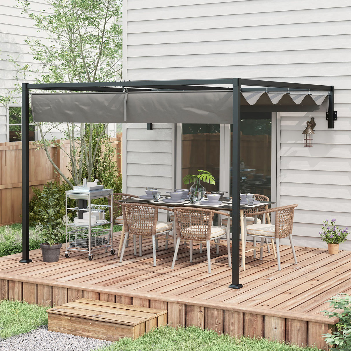 Steel Pergola With Retractable Canopy 297cm Width x 211cm Depth - Velmora