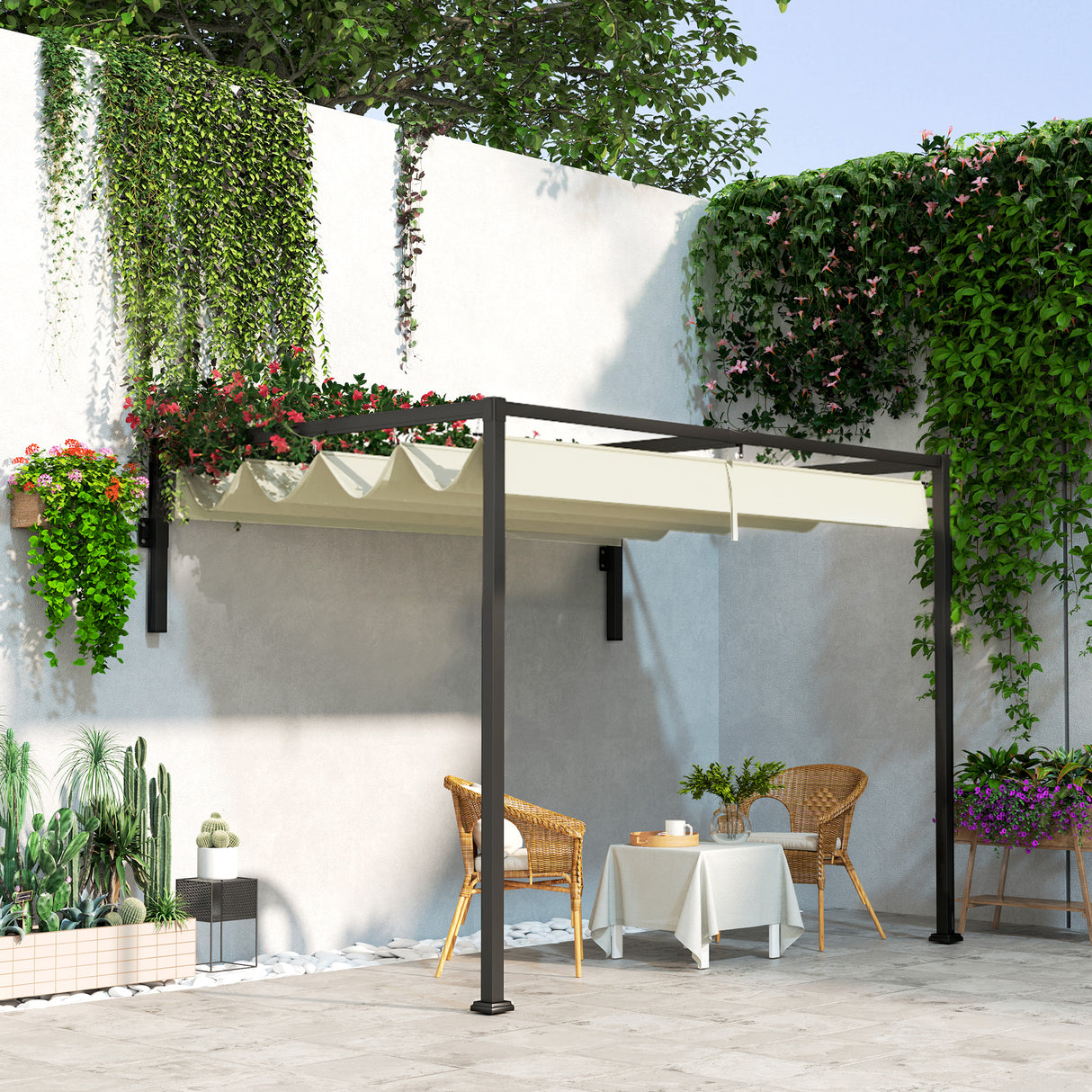 Steel Pergola With Retractable Canopy 297cm Width x 211cm Depth - Velmora