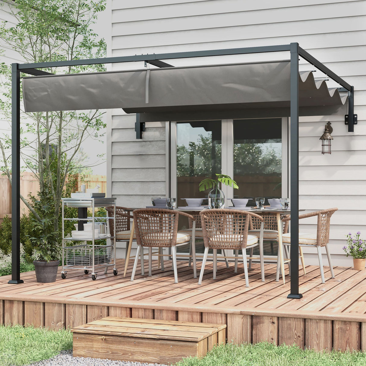 Steel Pergola With Retractable Canopy 397cm Width x 297cm Depth - Velmora
