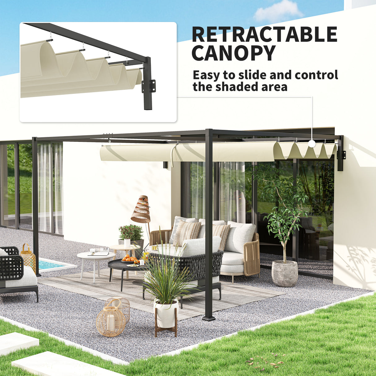 Steel Pergola With Retractable Canopy 397cm Width x 297cm Depth - Velmora