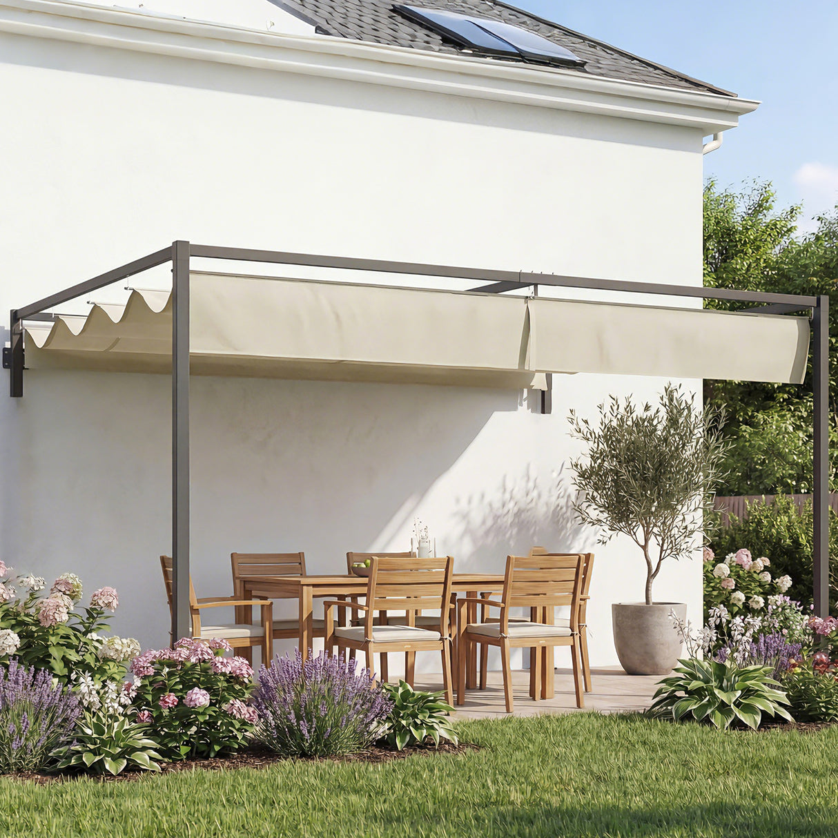Steel Pergola With Retractable Canopy 397cm Width x 297cm Depth - Velmora
