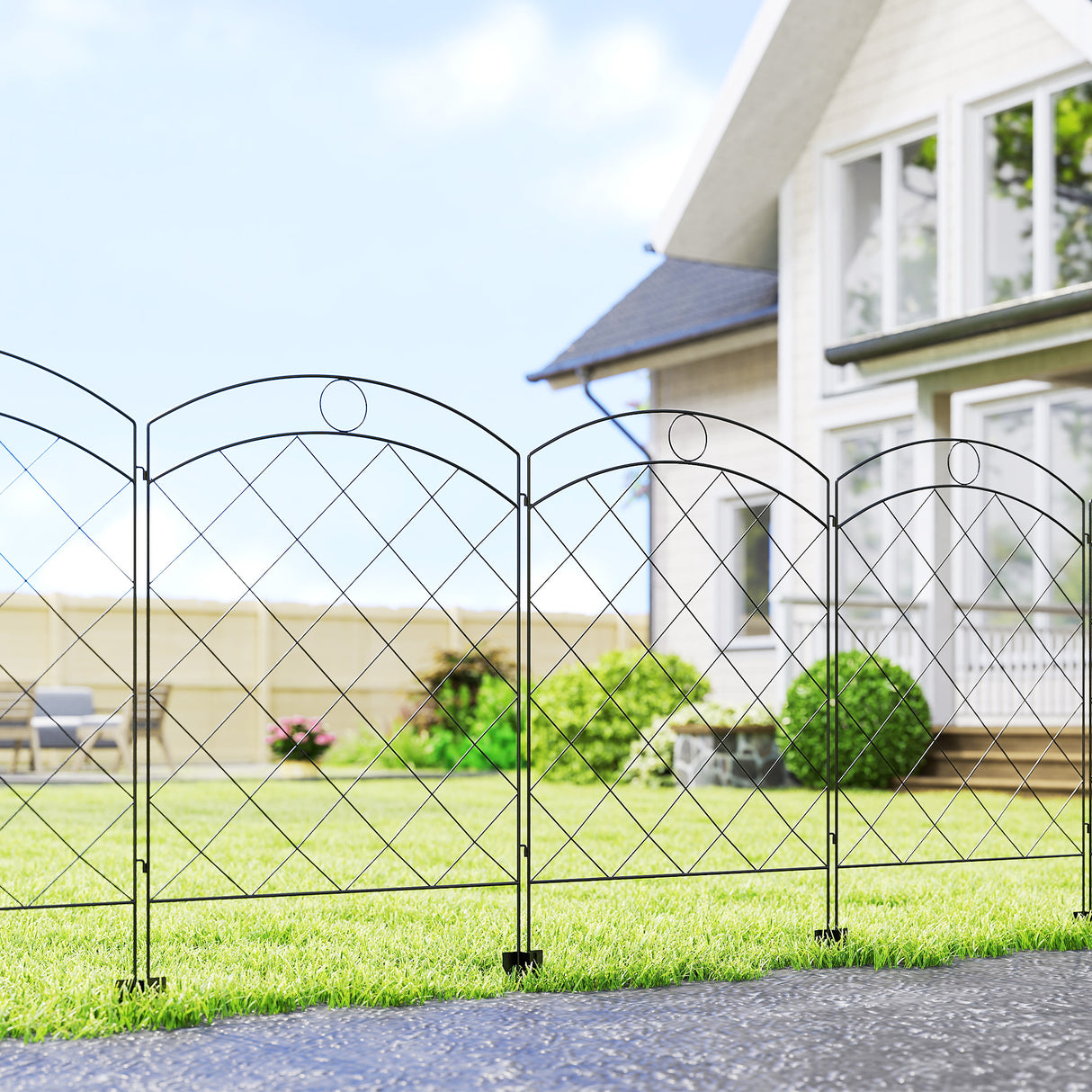 Steel Picket Garden Fence Panels 348cm Wide in Set Of 4 - Velmora
