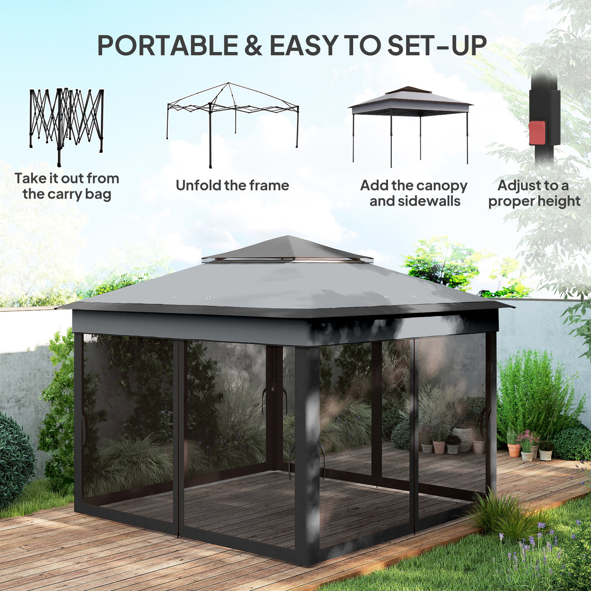 Steel Pop Up Gazebo Height Adjustable Shelter 326cm Width x 326cm Depth - Velmora
