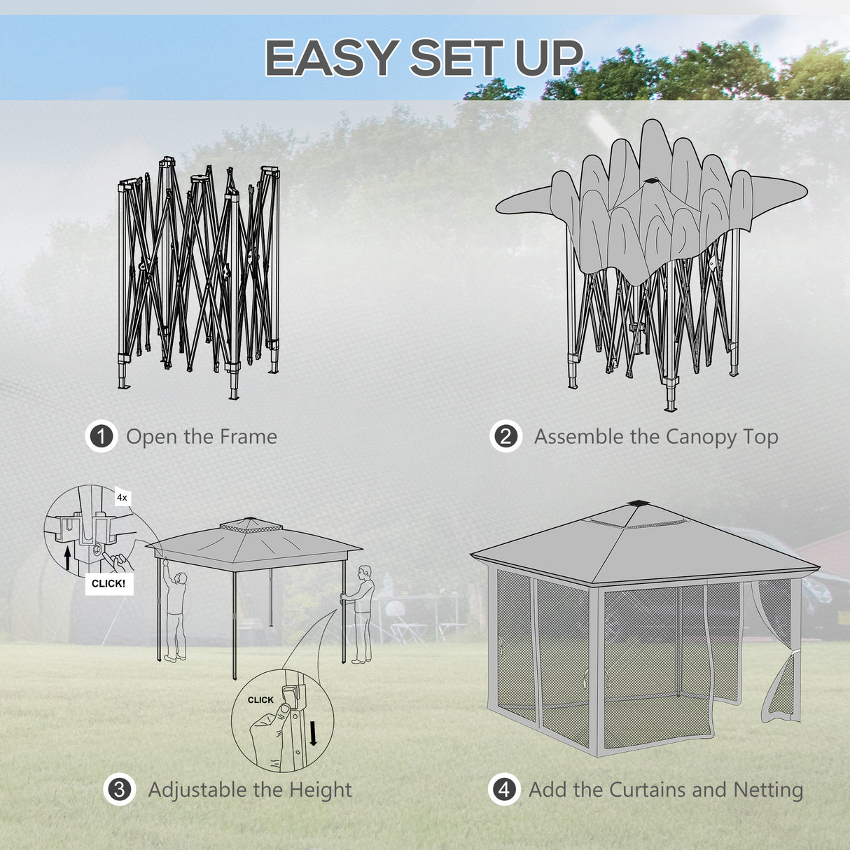Steel Pop Up Gazebo Party Tent 336cm Width x 336cm Depth With Solar Powered LED Lights - Velmora