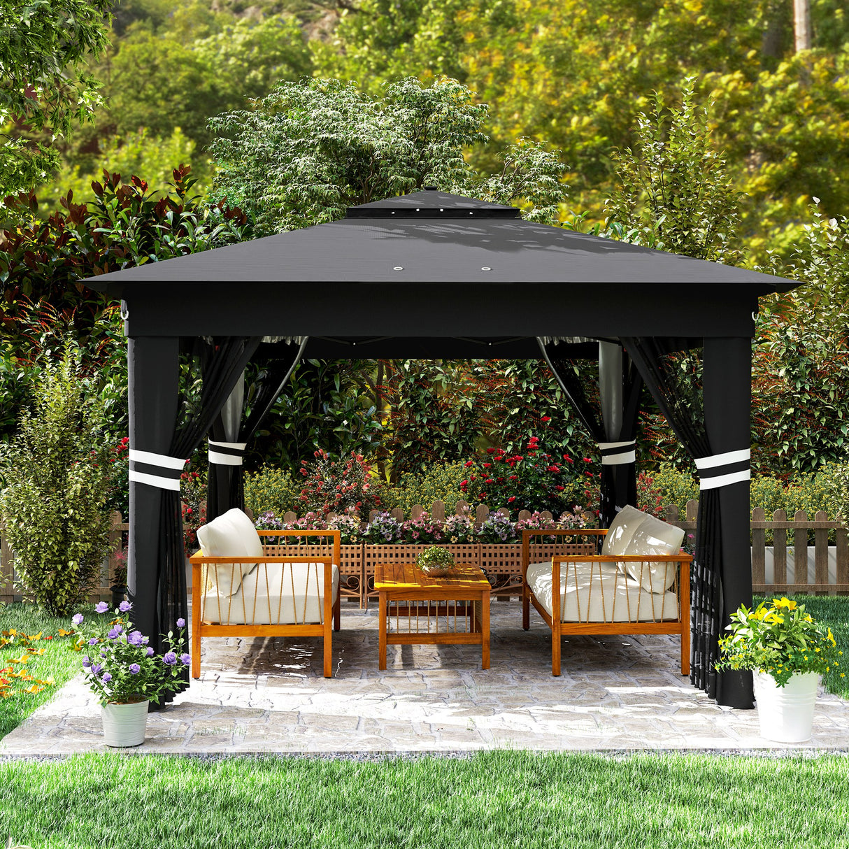 Steel Pop Up Gazebo Party Tent 336cm Width x 336cm Depth With Solar Powered LED Lights - Velmora