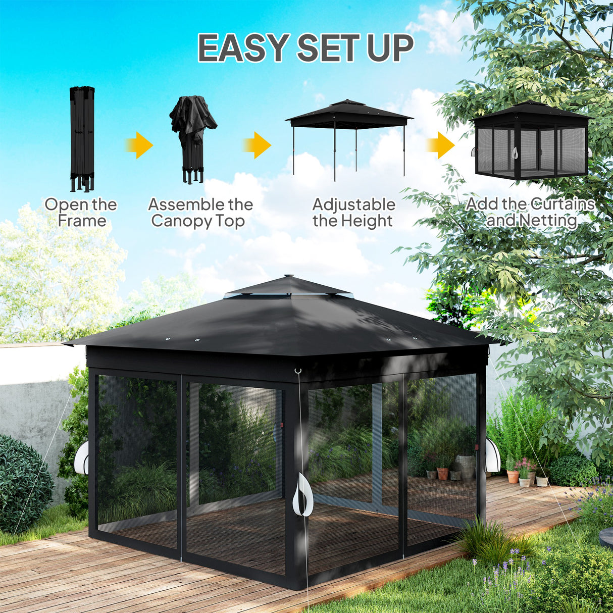 Steel Pop Up Gazebo Party Tent 336cm Width x 336cm Depth With Solar Powered LED Lights - Velmora