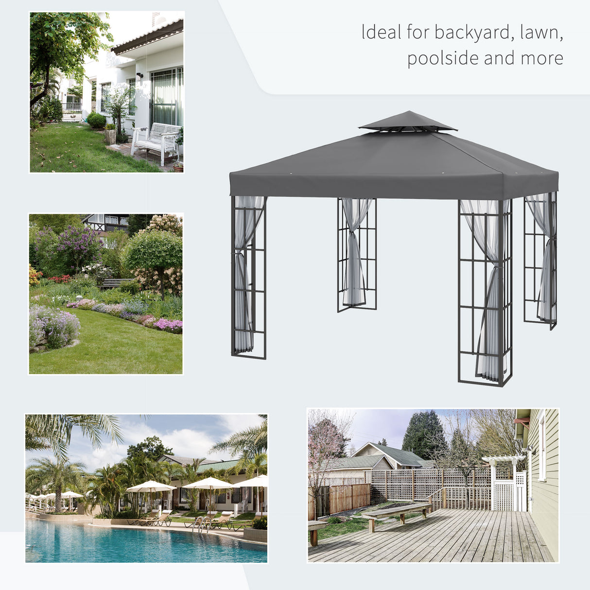 Steel Softtop Gazebo 297cm Width x 297cm Depth With Mosquito Netting - Velmora