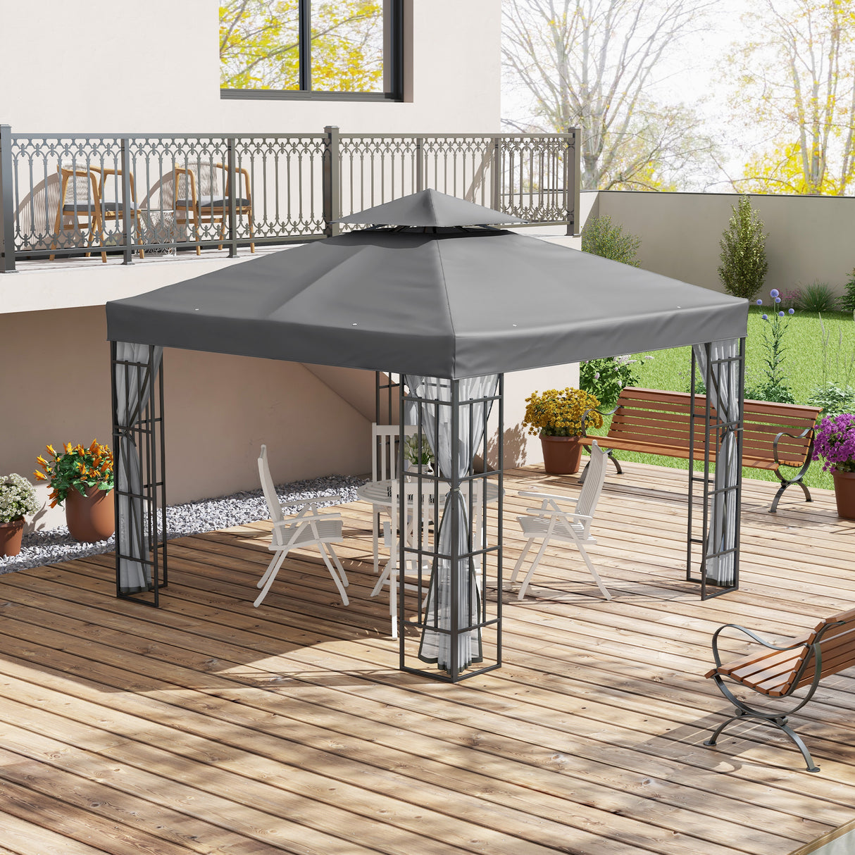 Steel Softtop Gazebo 297cm Width x 297cm Depth With Mosquito Netting - Velmora
