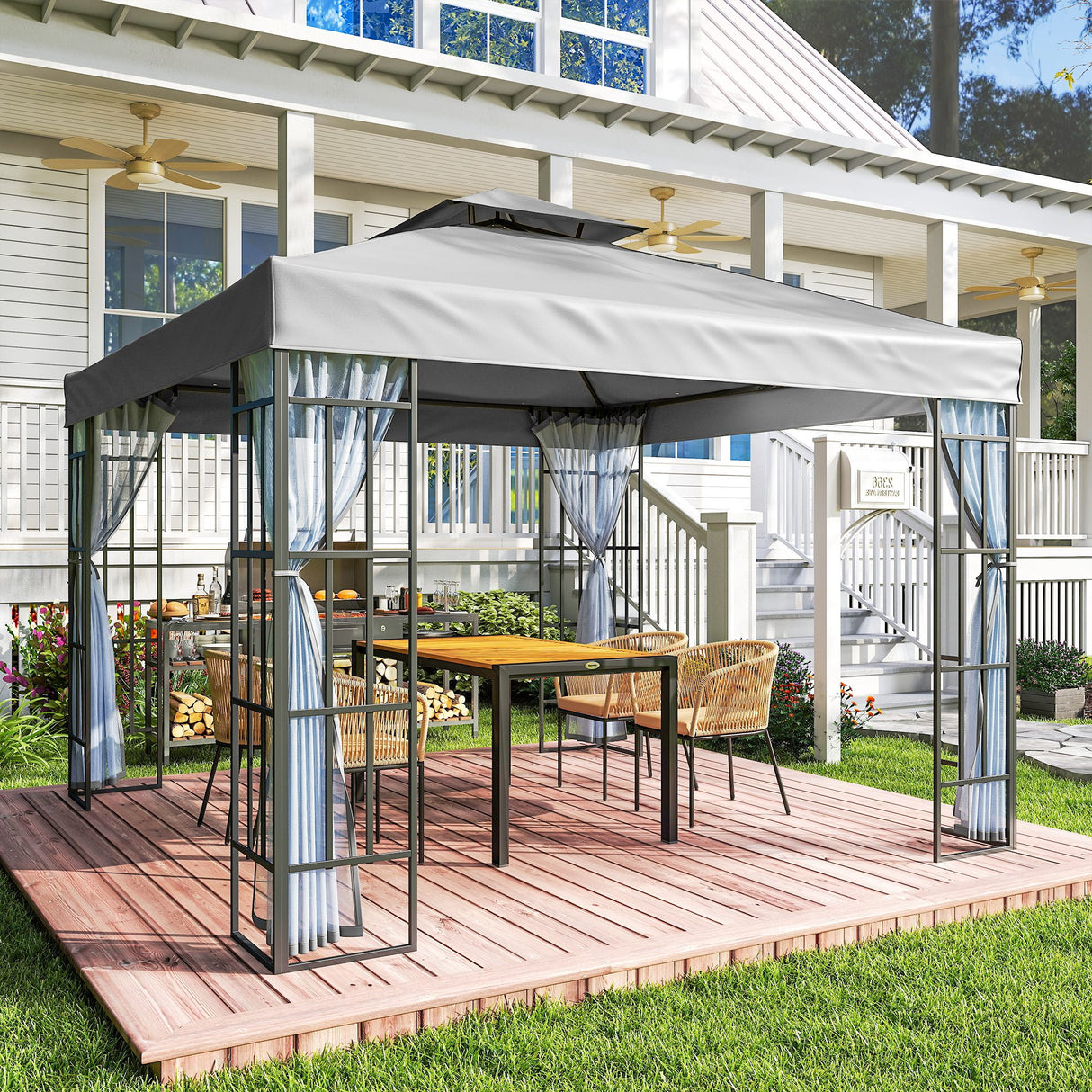 Steel Softtop Gazebo 297cm Width x 297cm Depth With Mosquito Netting - Velmora