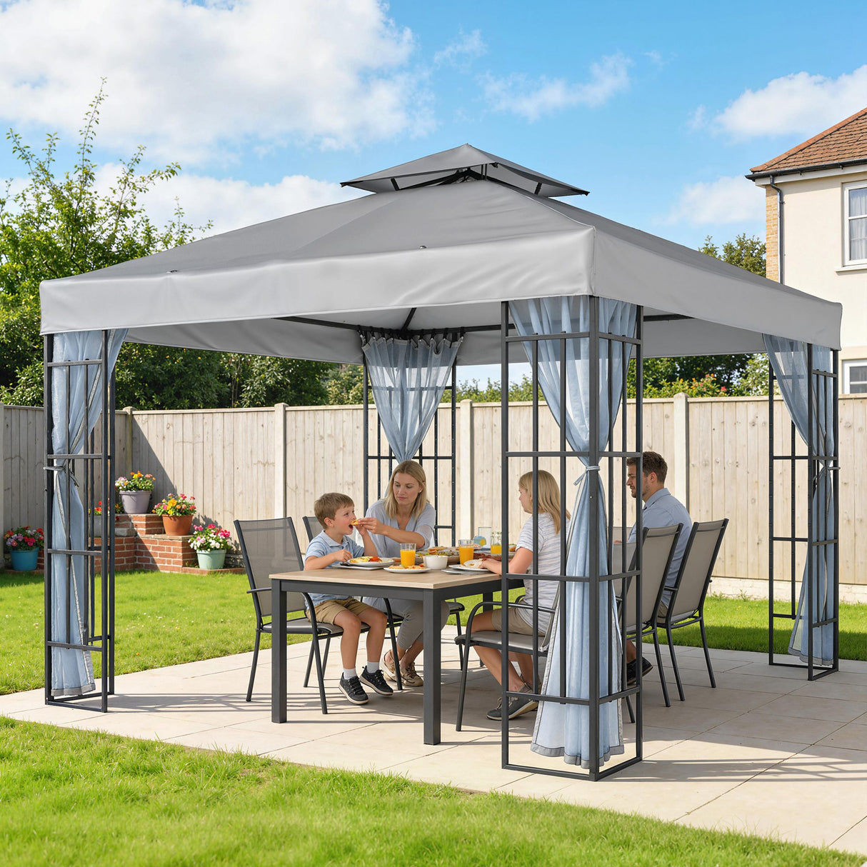 Steel Softtop Gazebo 297cm Width x 297cm Depth With Mosquito Netting - Velmora