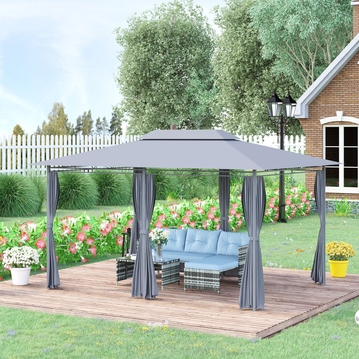 Steel Softtop Gazebo 400cm Width x 300cm Depth With Curtains - Velmora