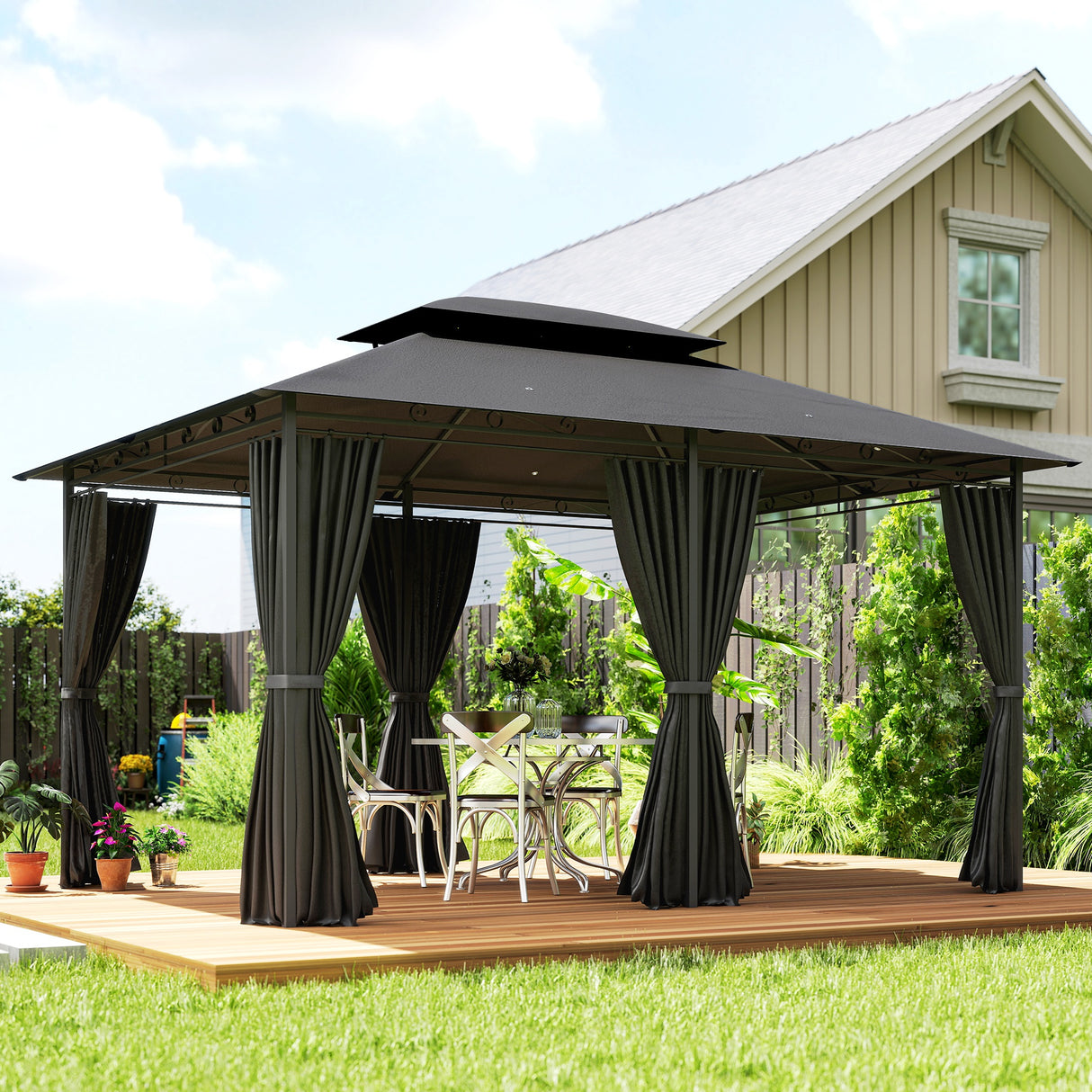 Steel Softtop Gazebo 400cm Width x 300cm Depth With Curtains - Velmora