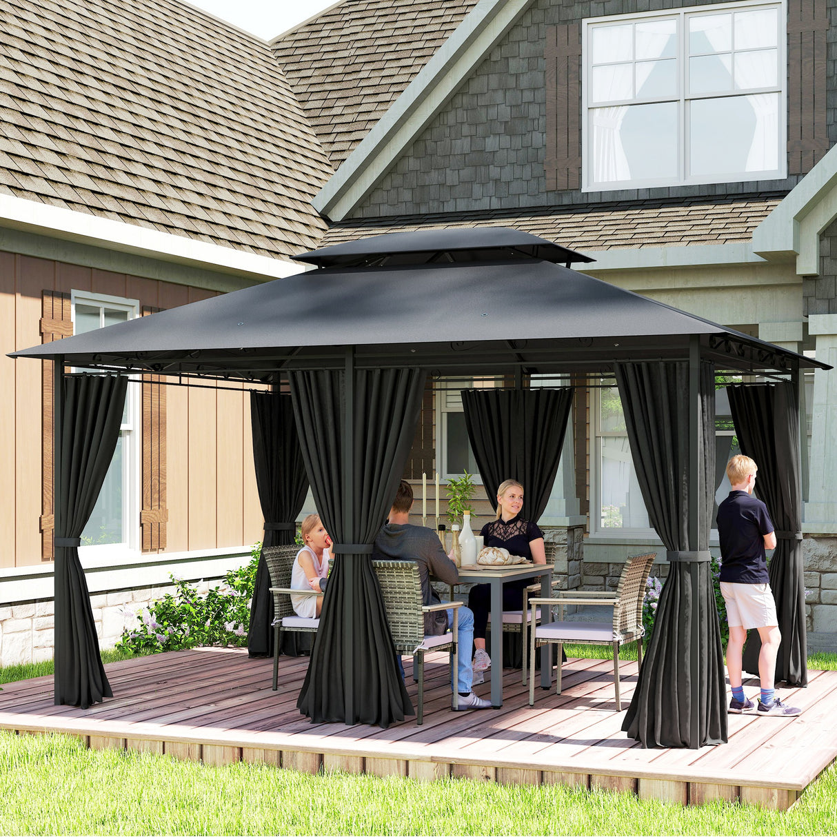 Steel Softtop Gazebo 400cm Width x 300cm Depth With Curtains - Velmora