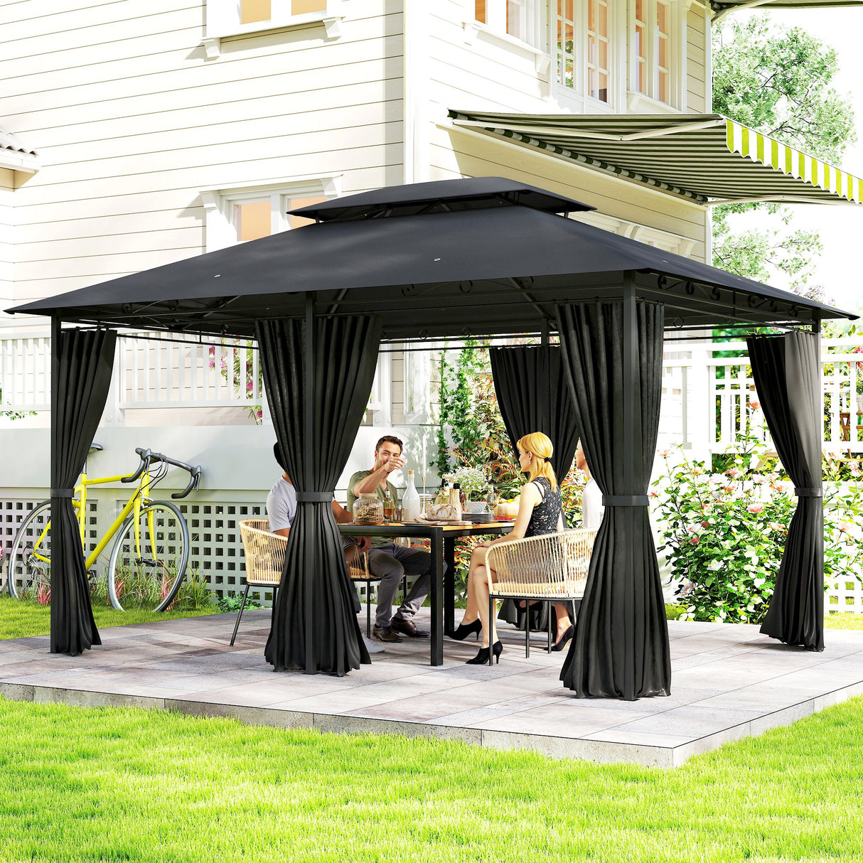 Steel Softtop Gazebo 400cm Width x 300cm Depth With Curtains - Velmora