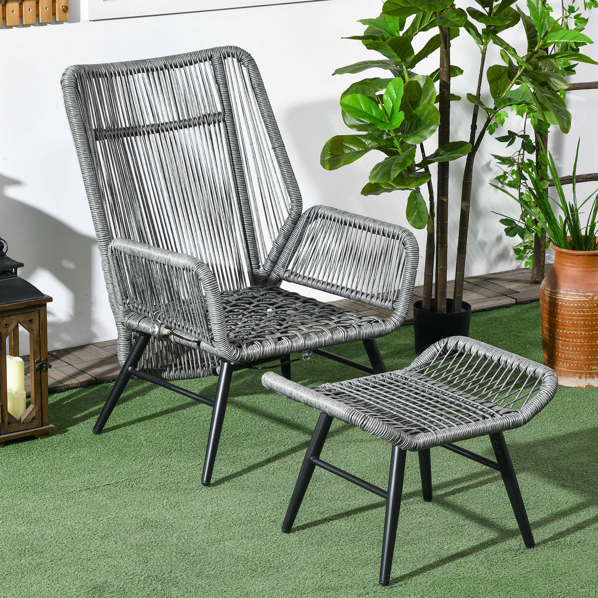 Steel String Rattan Garden Armchair and Footstool With Cushions - Velmora