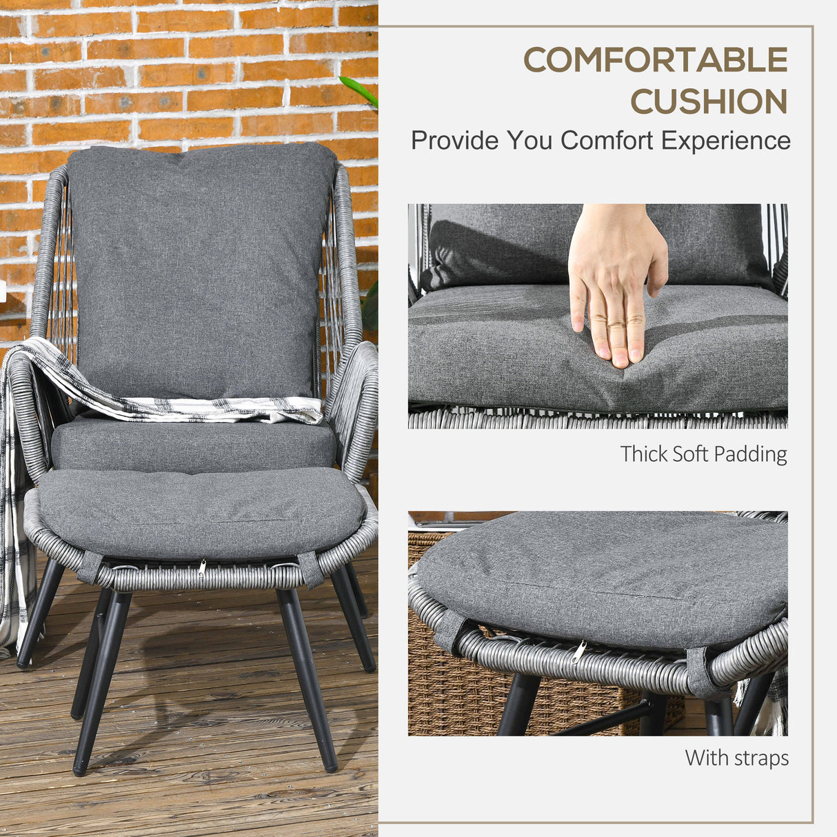 Steel String Rattan Garden Armchair and Footstool With Cushions - Velmora
