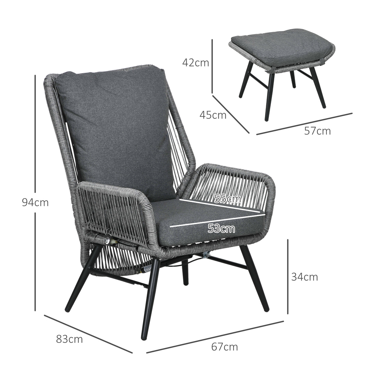 Steel String Rattan Garden Armchair and Footstool With Cushions - Velmora