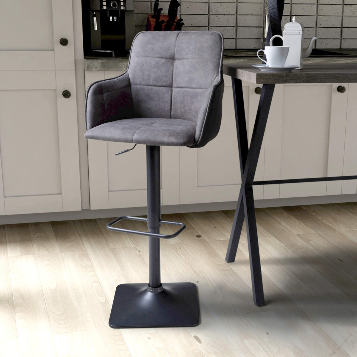Suede Effect Fabric Bar Stools in Set Of 2 With Grey Metal Base - Orion