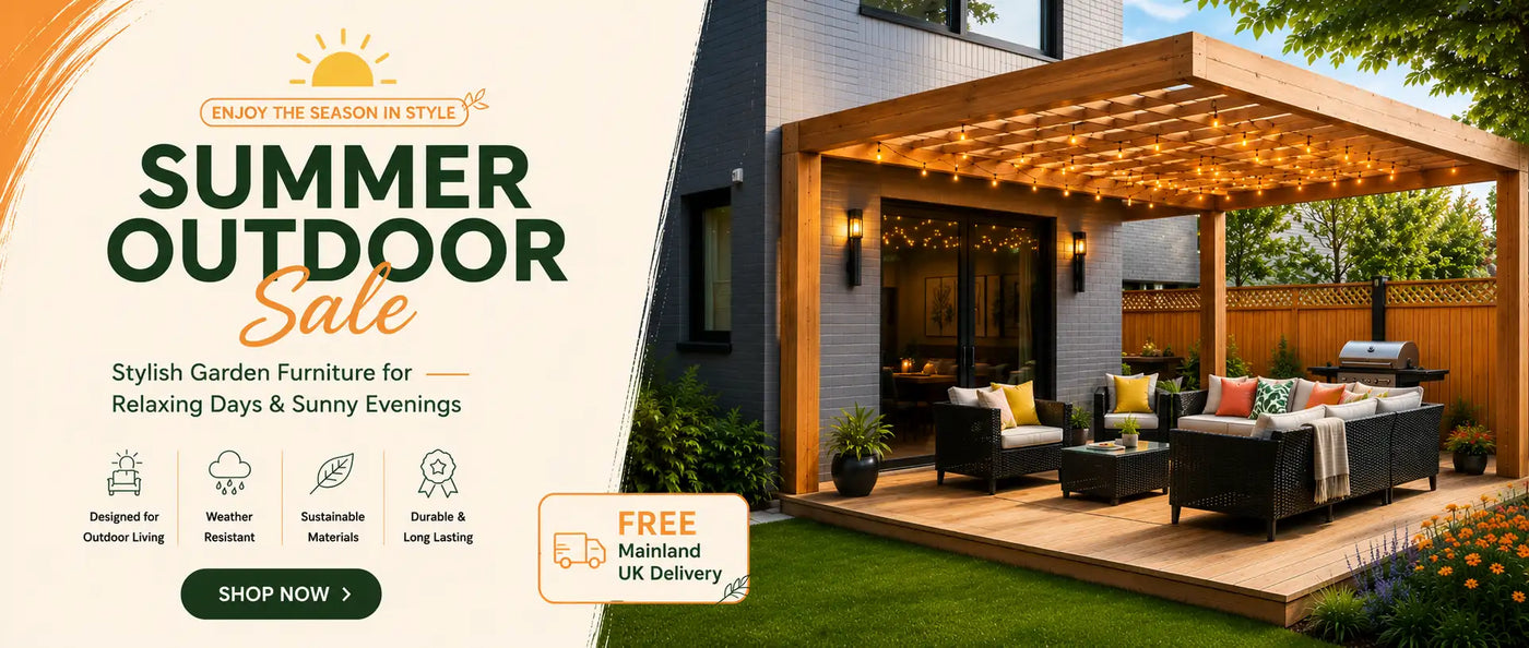 Modern outdoor patio with rattan garden furniture beneath a wooden pergola, promoting the Summer Outdoor Sale at Cozy Furniture Direct with free mainland UK delivery.